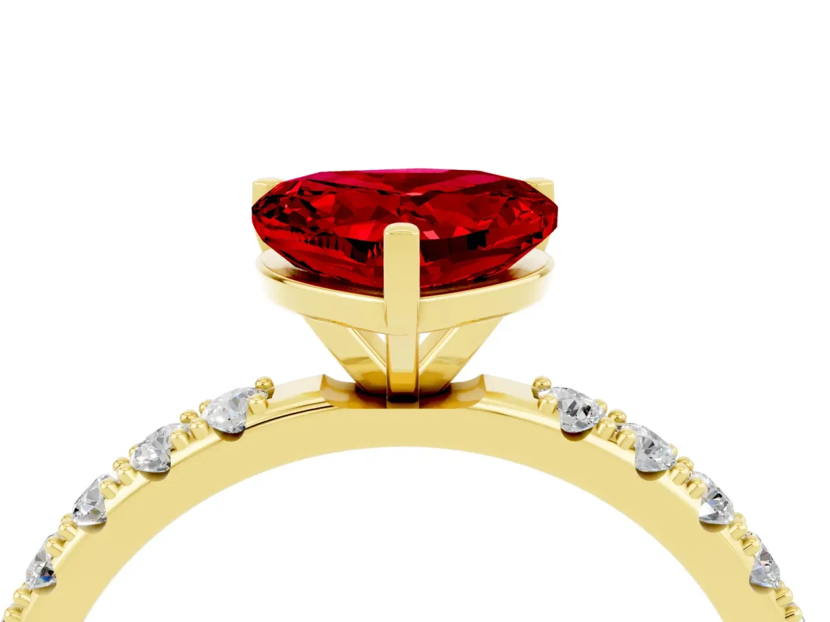 Heart Cut Ruby Solitaire Pavé Band with Four-Prong Setting Yellow gold