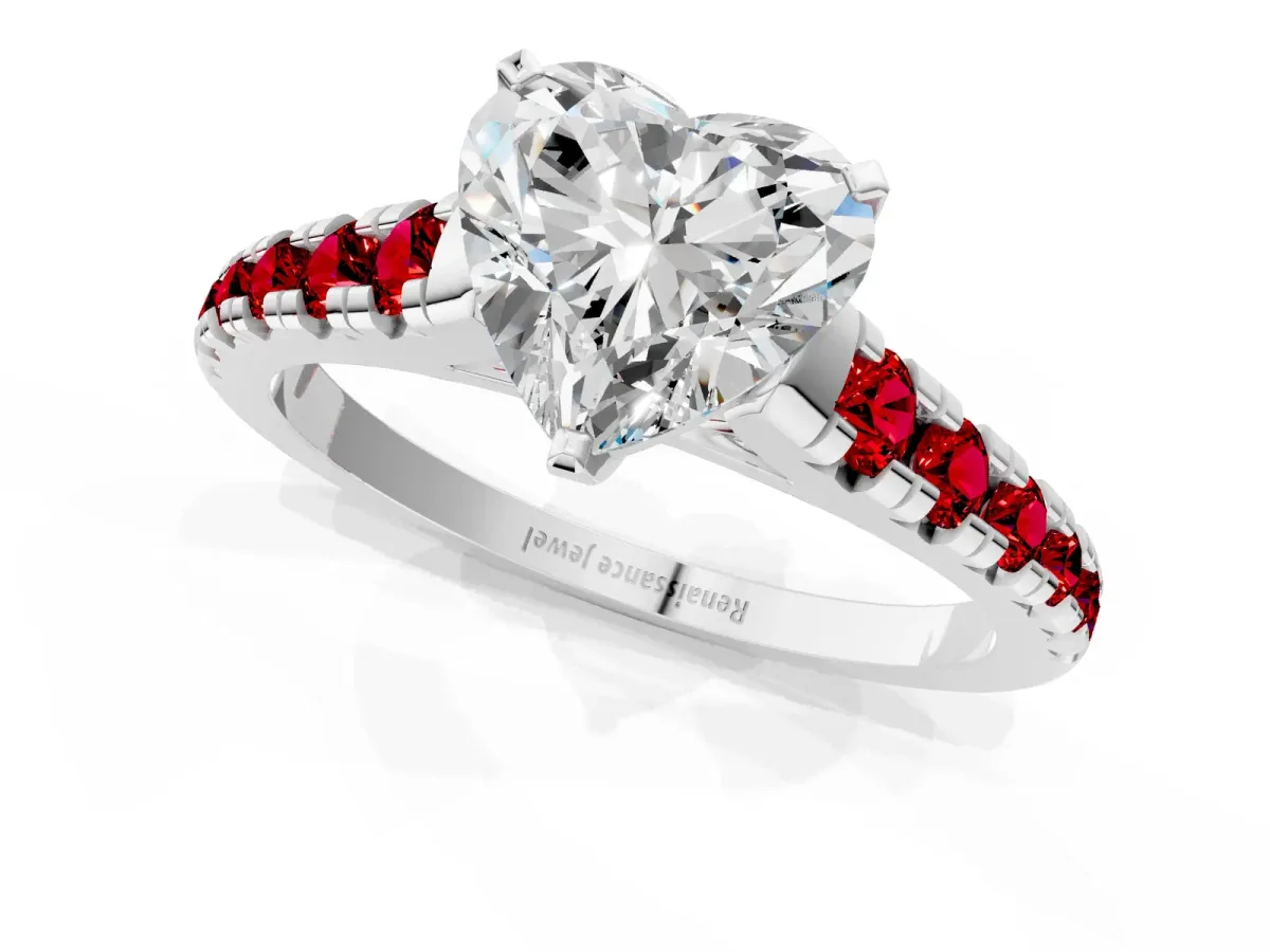 Heart Cut Diamond Cathedral Solitaire Ring with Round Ruby Pavé Band Silver