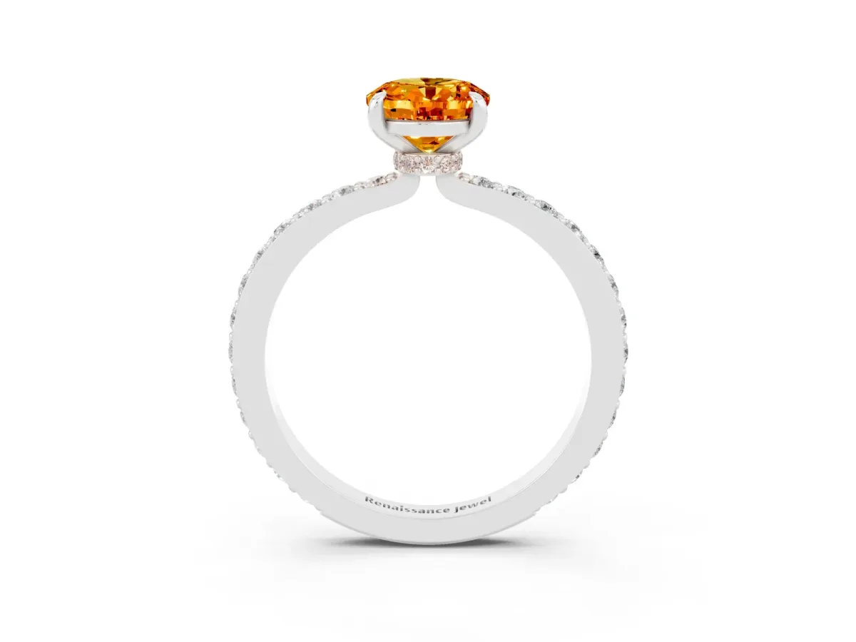 Oval Cut Citrine Solitaire Engagement Ring with Pavé Band and Four-Prong Setting White gold