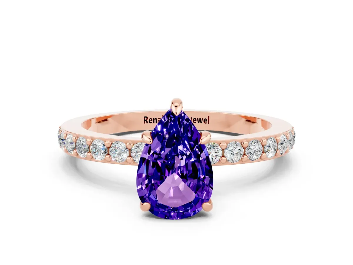 Pear Cut Tanzanite Solitaire Engagement Ring with Pavé Band and Four-Prong Setting Rose gold