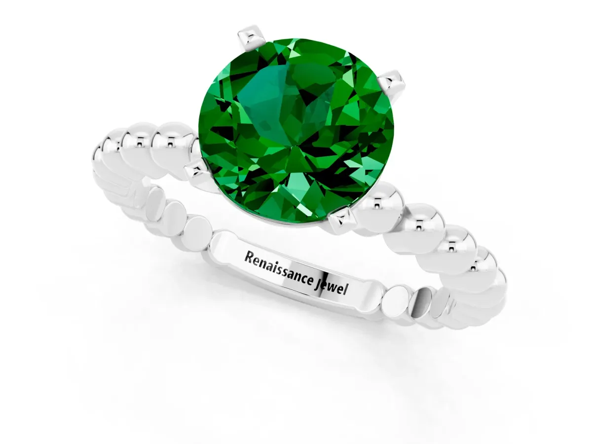 Round Cut Emerald Solitaire Ring with Beaded Band and Prong Setting Platinum