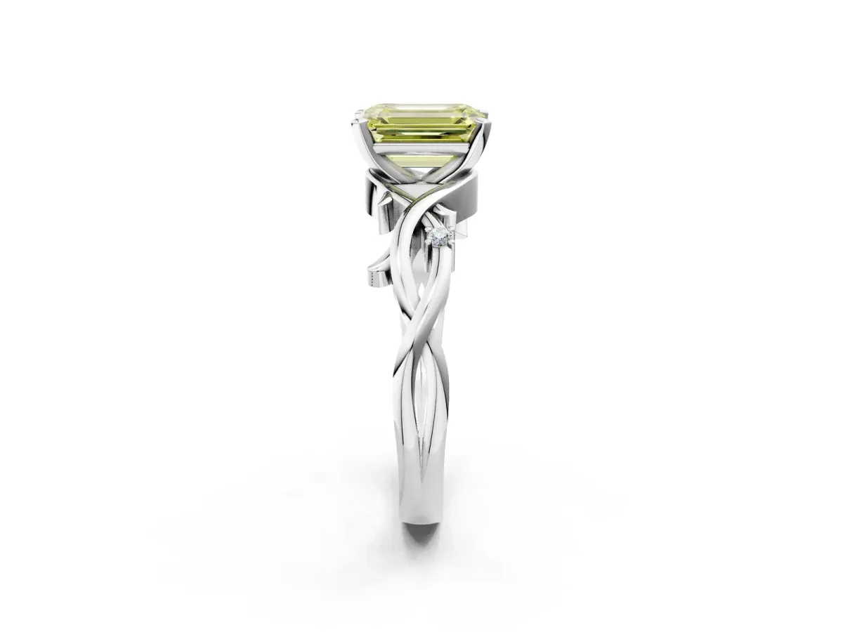 Fancy Yellow Emerald Cut Diamond Solitaire Ring with Twisted Band and Prong Setting Silver
