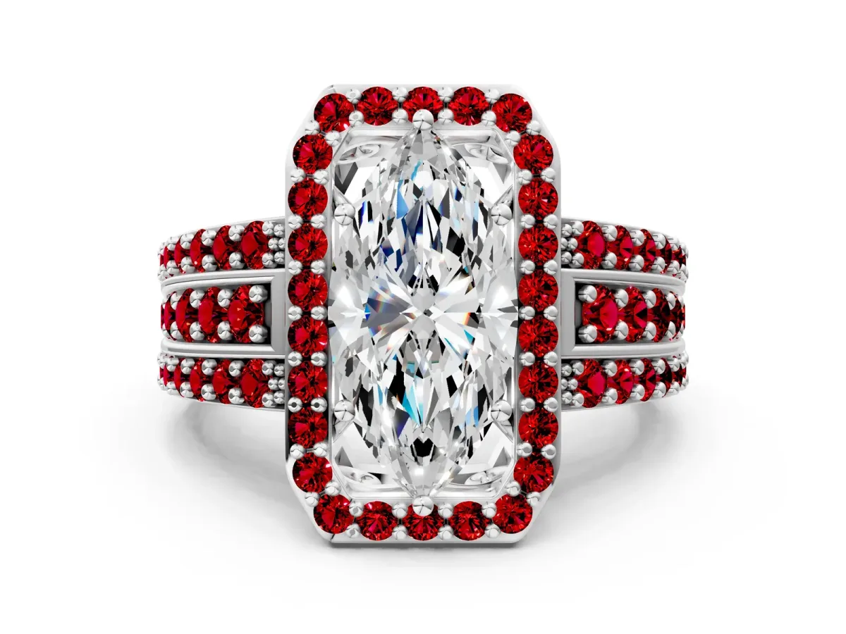 Marquise Cut Halo Diamond Ring with Round Ruby Split Shank and Prong Setting Platinum