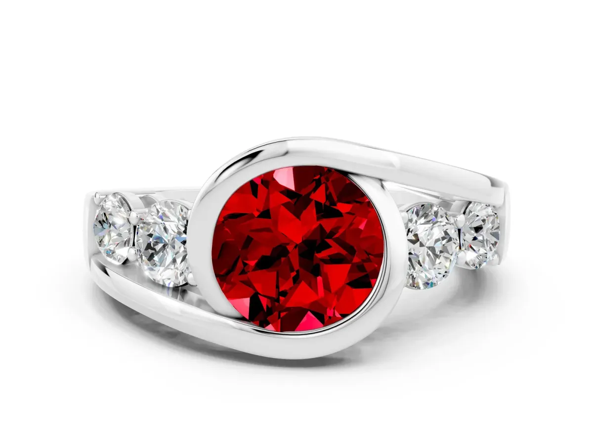 Bezel Set Round Cut Ruby Bypass Ring with Round Accents Platinum