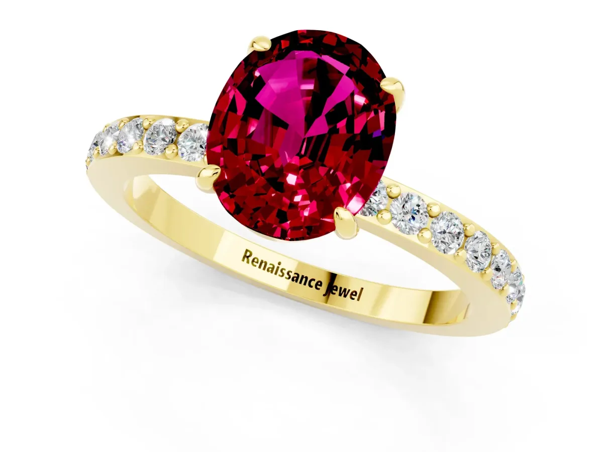 Oval Cut Garnet Solitaire Engagement Ring with Pavé Band and Four-Prong Setting Yellow gold