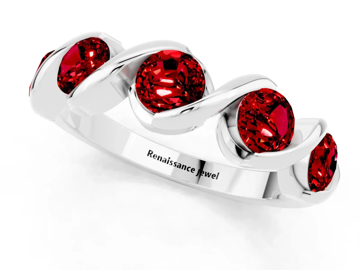 Round Ruby Wave Band with Channel Setting and Shared Prongs White gold