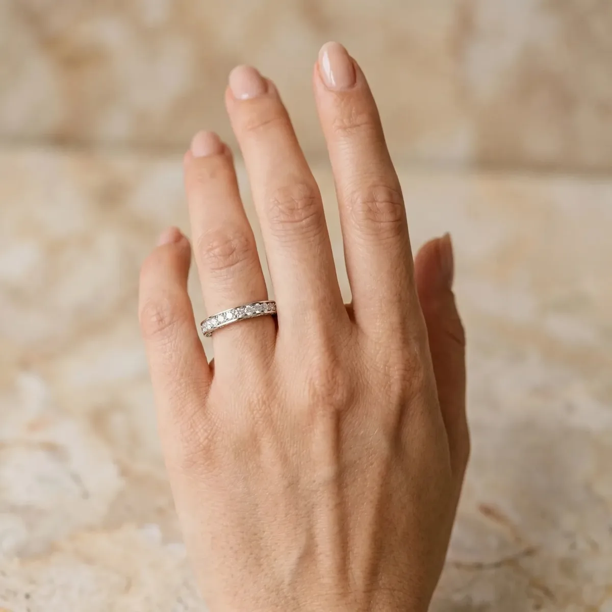 Round Cut Diamond Pavé Eternity Band with Channel Setting Silver