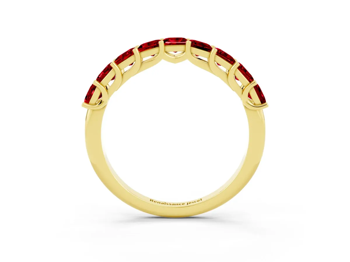Princess Cut Ruby Channel-Set Eternity Band with Prong Setting Yellow gold