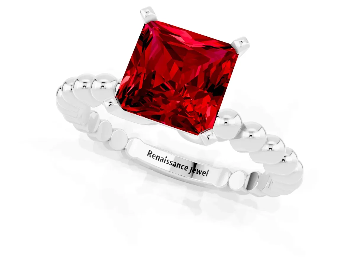Princess Cut Ruby Solitaire Ring with Beaded Band and Prong Setting Silver