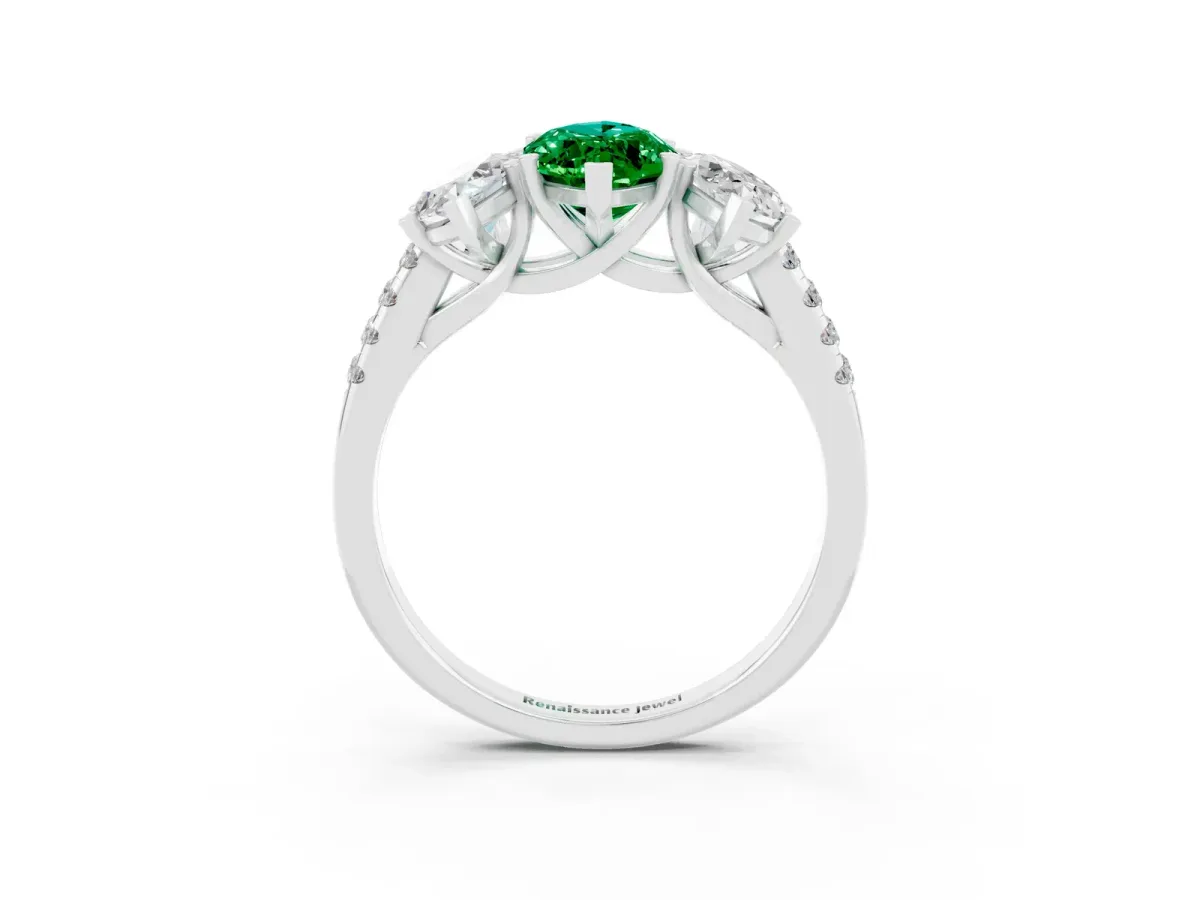 Three-Stone Marquise Cut Emerald Ring with Round Pavé Band and Prong Setting Platinum