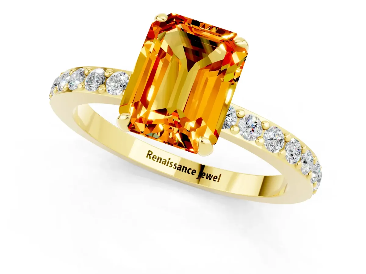 Emerald Cut Citrine Solitaire Engagement Ring with Pavé Band and Four-Prong Setting Yellow gold