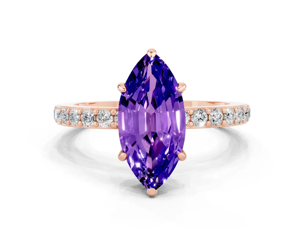 Marquise Cut Tanzanite Solitaire Engagement Ring with Pavé Band and Four-Prong Setting Rose gold