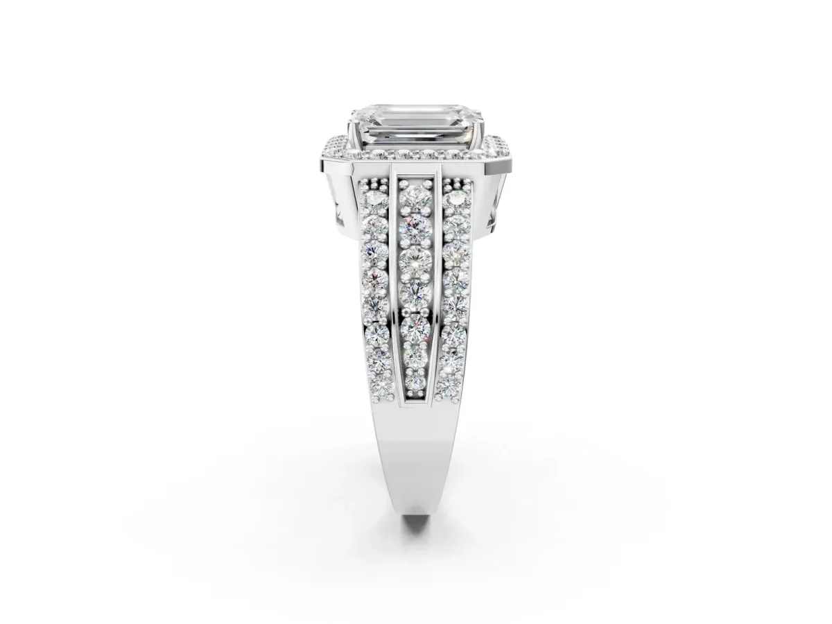 Emerald Cut Halo Diamond Ring with Round Split Shank and Prong Setting Silver