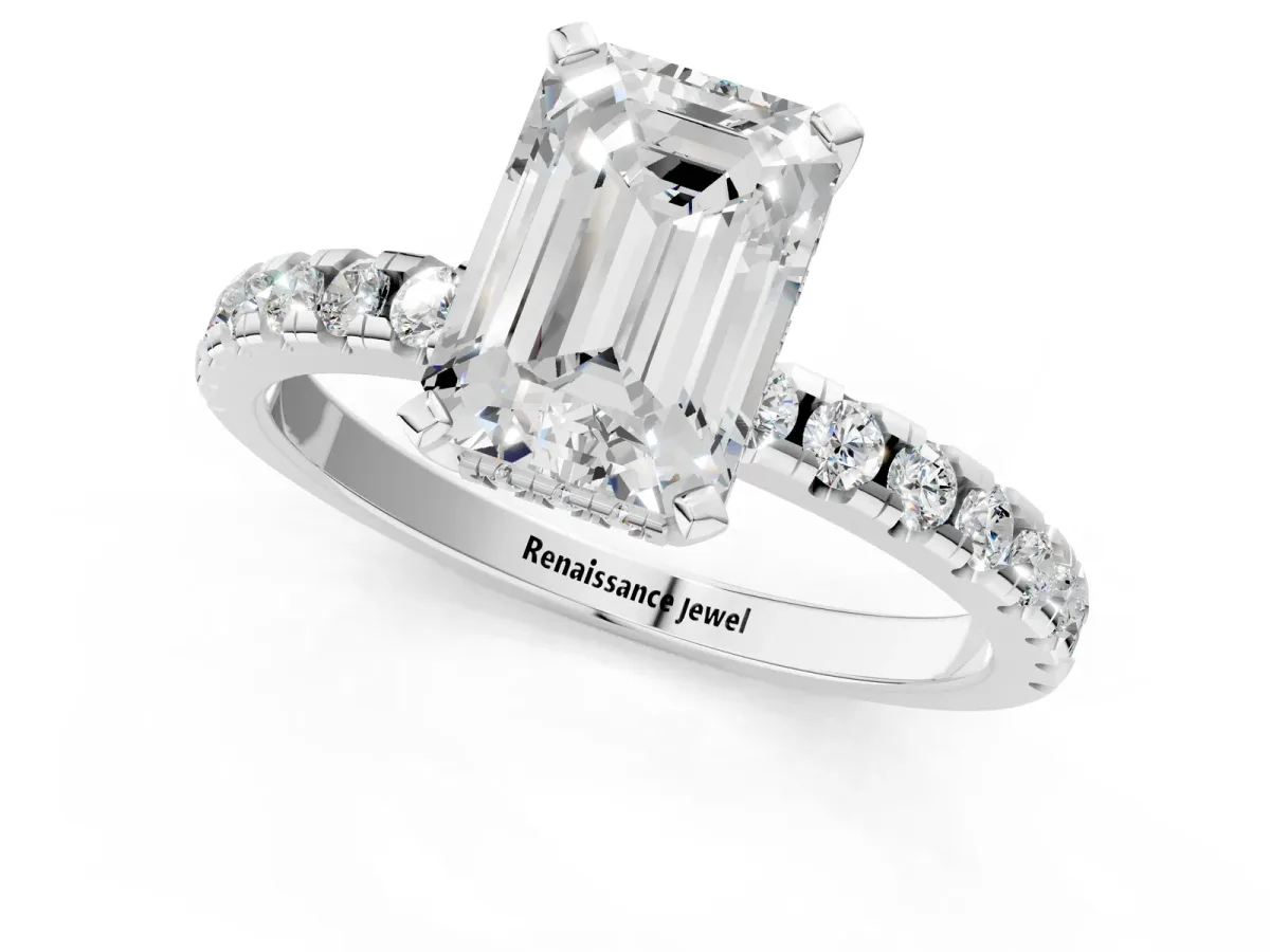 Emerald Cut Diamond Solitaire Ring with Round Pavé Band and Four-Prong Setting Silver