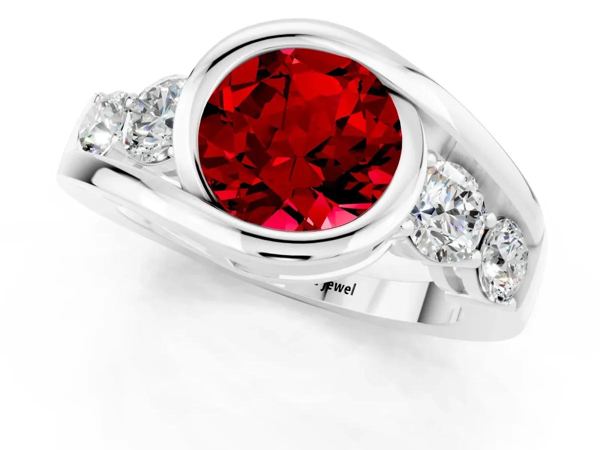 Bezel Set Round Cut Ruby Bypass Ring with Round Accents Platinum