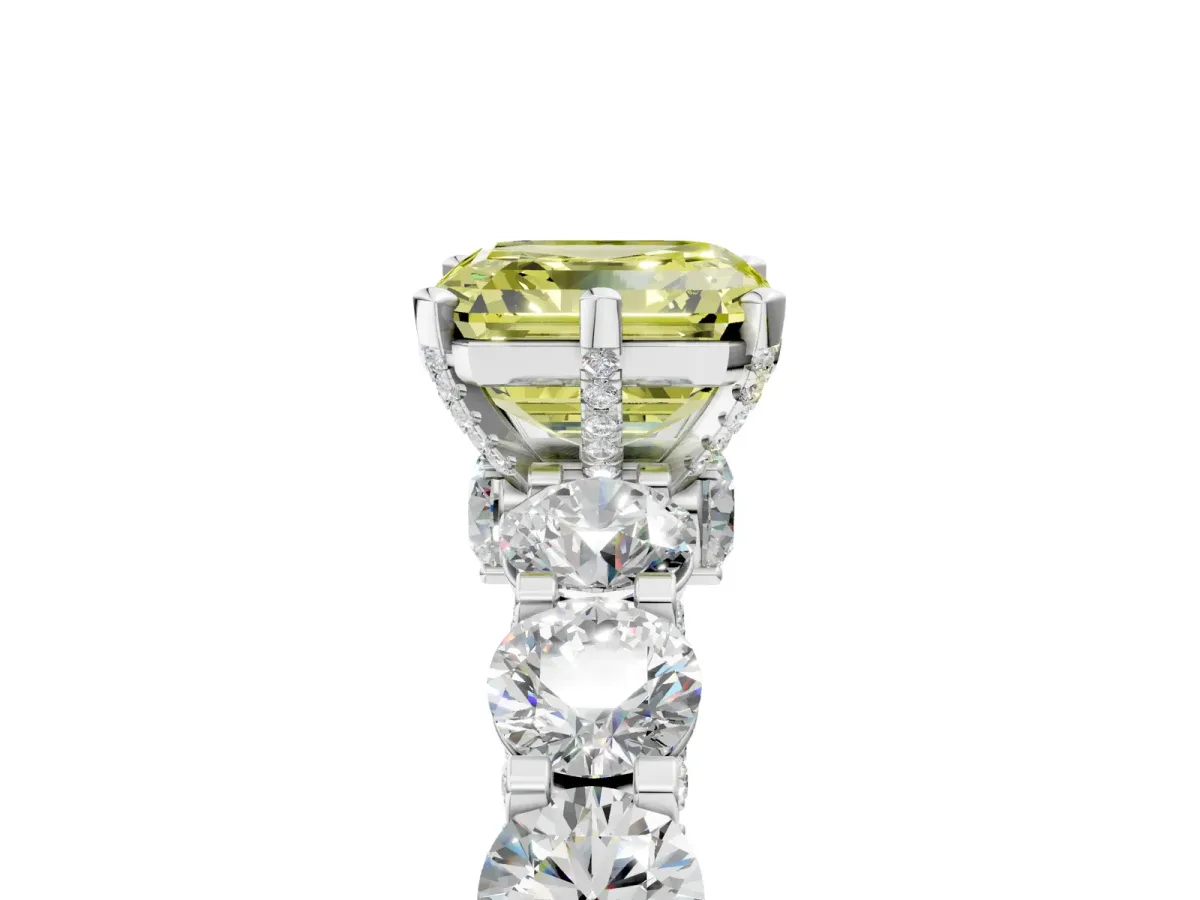Fancy Yellow Asscher Cut Diamond Side Stone Engagement Ring with Four-Prong Setting White gold