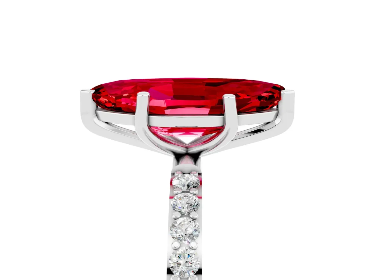 Marquise Cut Ruby Solitaire Ring with Round Pavé Band and Prong Setting Platinum