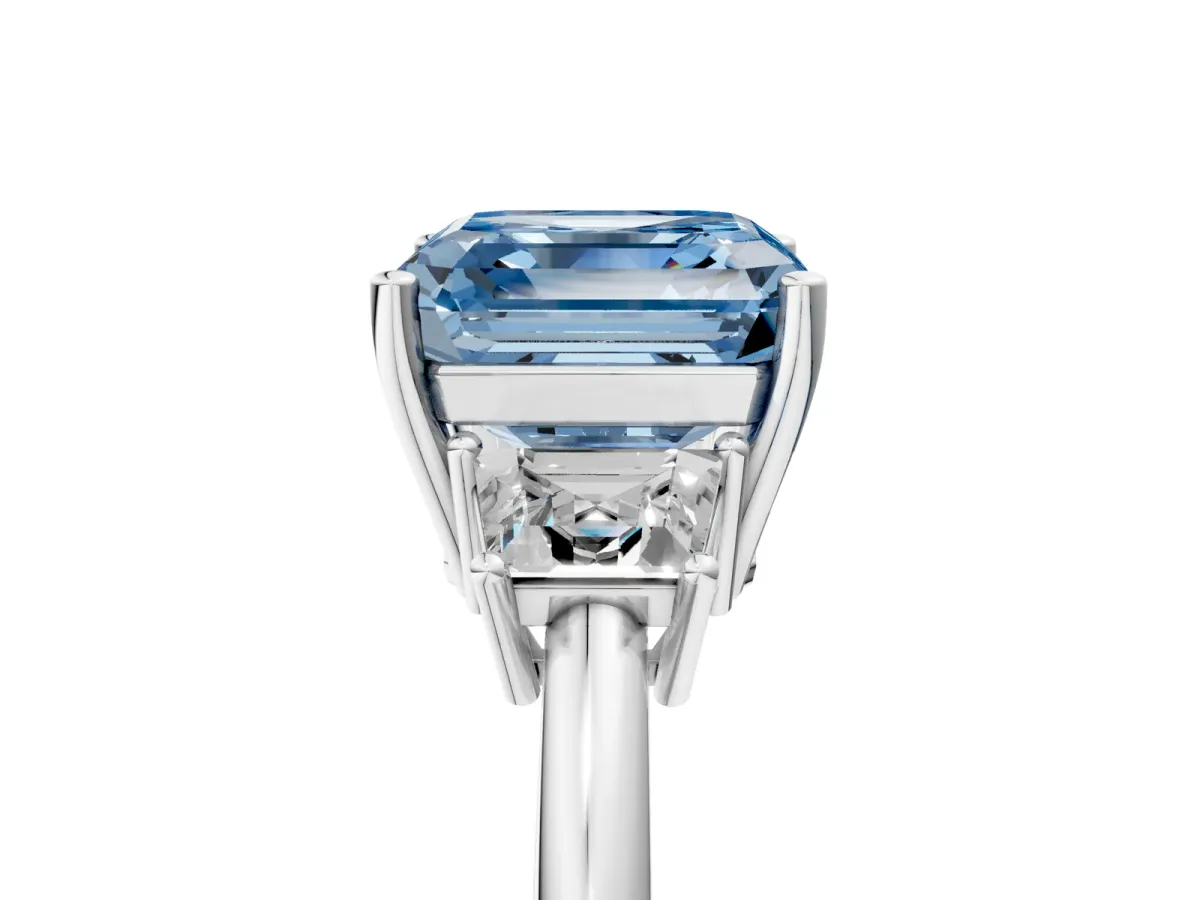 Fancy Blue Asscher Cut Diamond Three-Stone Ring with Trapezoid Side Stones and Prong Setting Silver