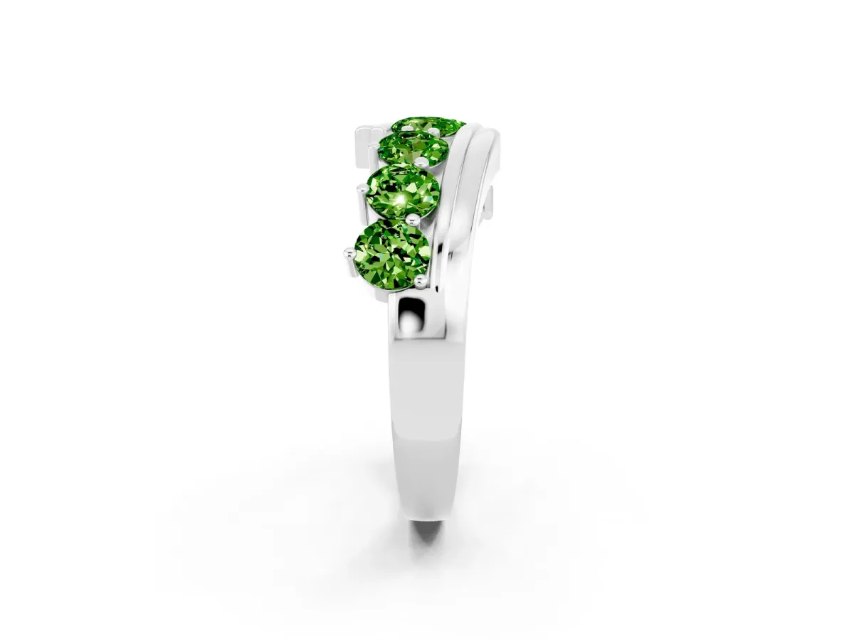 Round Peridot Wave Band with Channel and Shared Prong Setting White gold