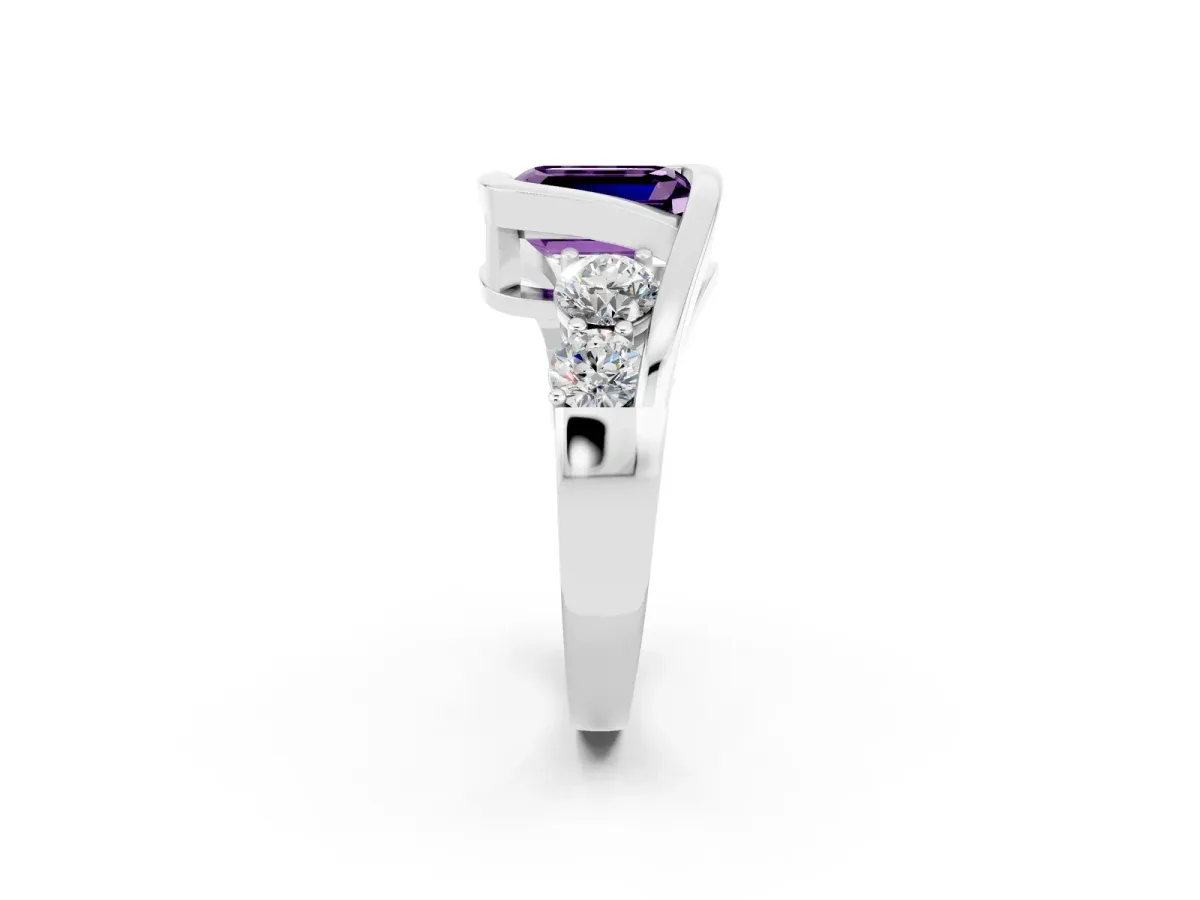 Bezel Set Emerald Cut Amethyst Bypass Ring with Round Accents Silver