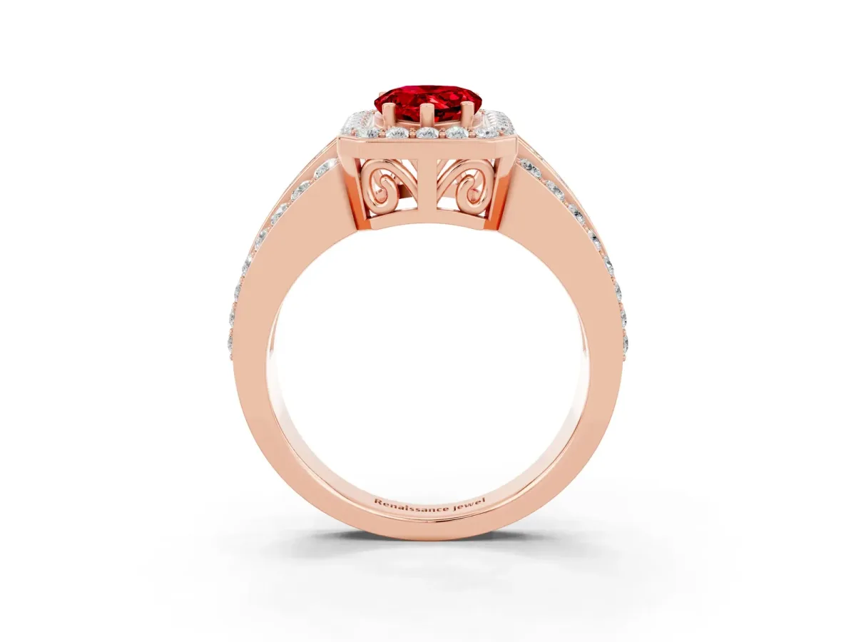 Pear Cut Halo Ruby Ring with Round Split Shank and Prong Setting Rose gold