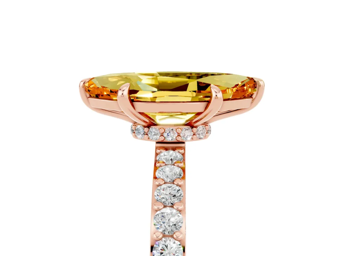 Marquise Cut Citrine Solitaire Engagement Ring with Pavé Band and Four-Prong Setting Rose gold