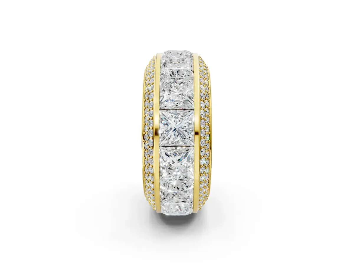 Princess Diamond Pavé Mens Wedding Band with Round Diamond Accents Yellow gold