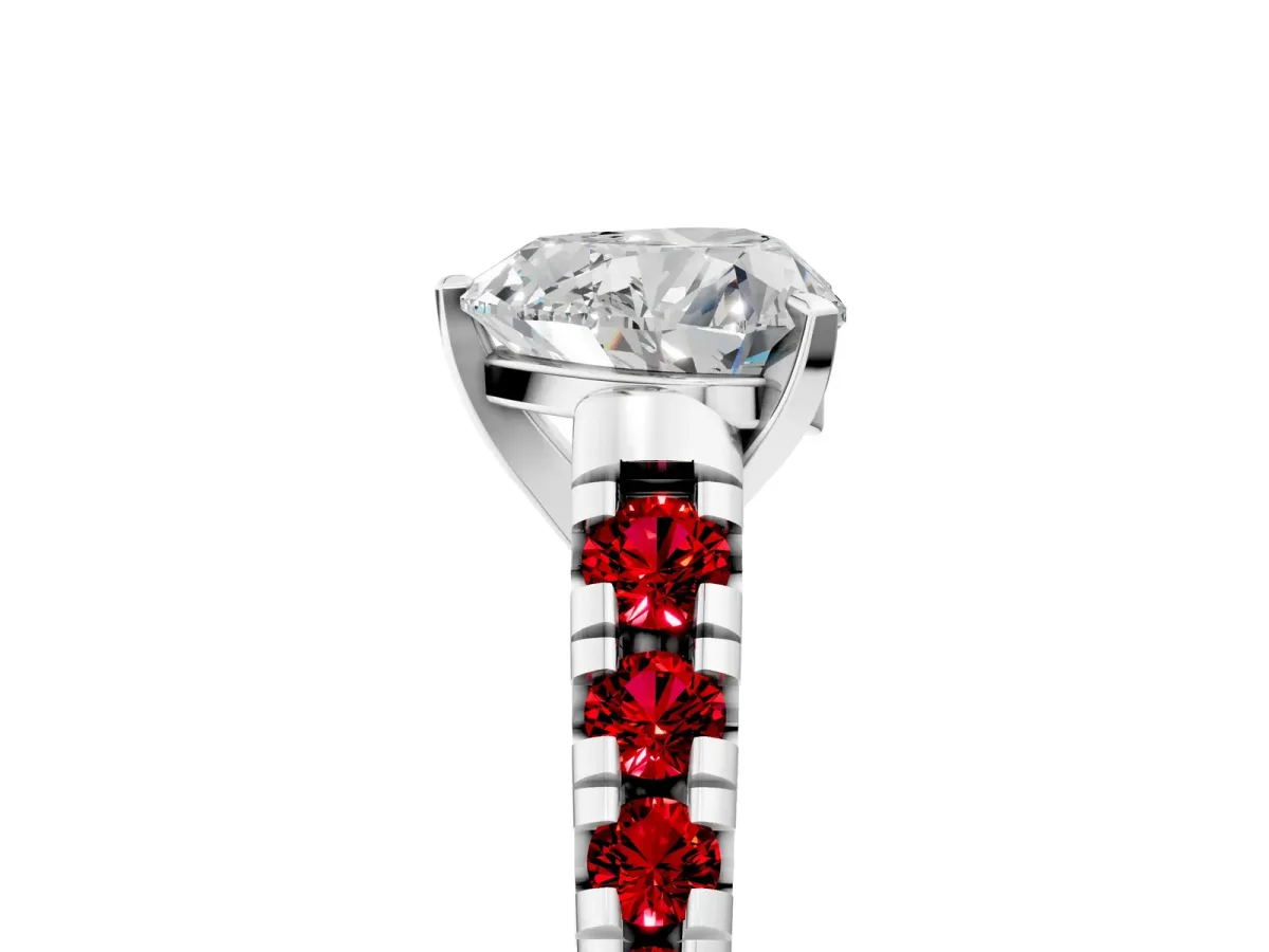 Heart Cut Diamond Cathedral Solitaire Ring with Round Ruby Pavé Band Silver