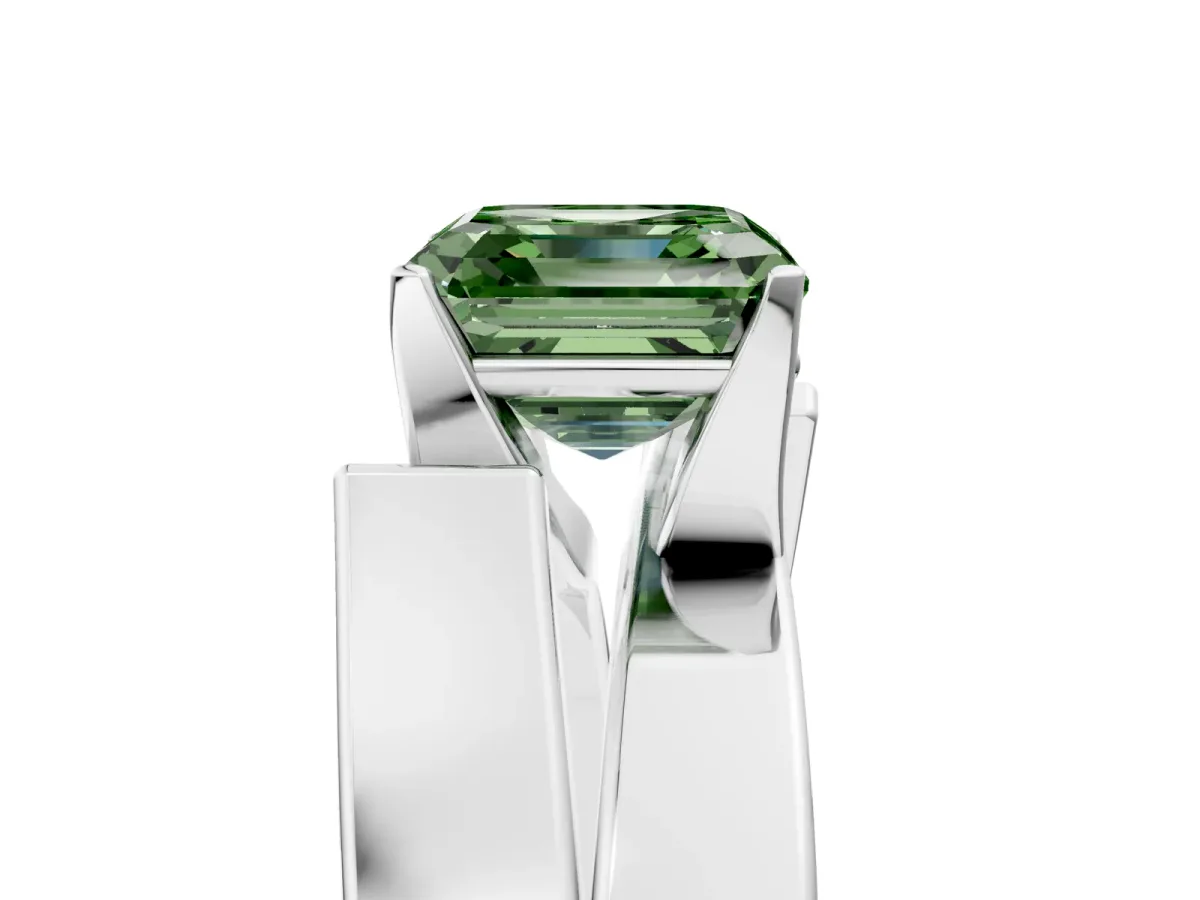 Fancy Green Modern Tension Set Asscher Cut Diamond Solitaire Wide Band Ring Platinum