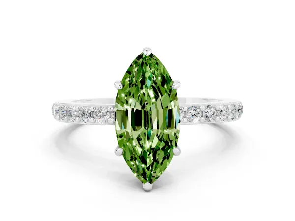 Marquise Cut Peridot Solitaire Engagement Ring with Pavé Band and Four-Prong Setting Platinum