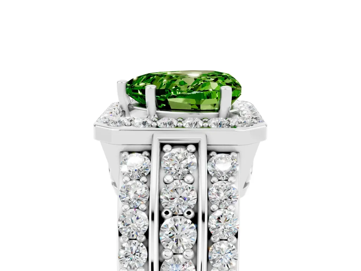 Heart Cut Halo Peridot Ring with Round Split Shank and Prong Setting Silver