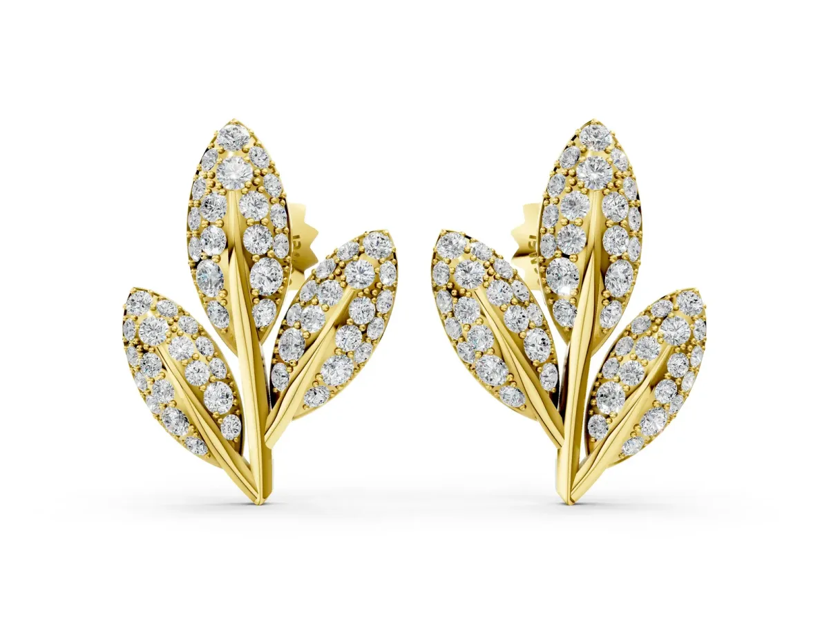 Round Diamond Pavé Olive Branch Stud Earrings Yellow gold