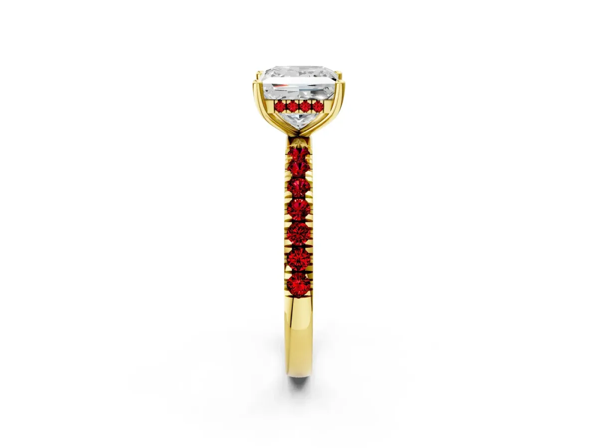 Princess Cut Diamond Pave Band Solitaire Ring with Round Ruby and Prong Setting Yellow gold