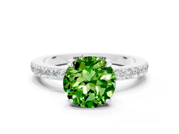 Round Cut Peridot Solitaire Engagement Ring with Pavé Band and Four-Prong Setting Platinum