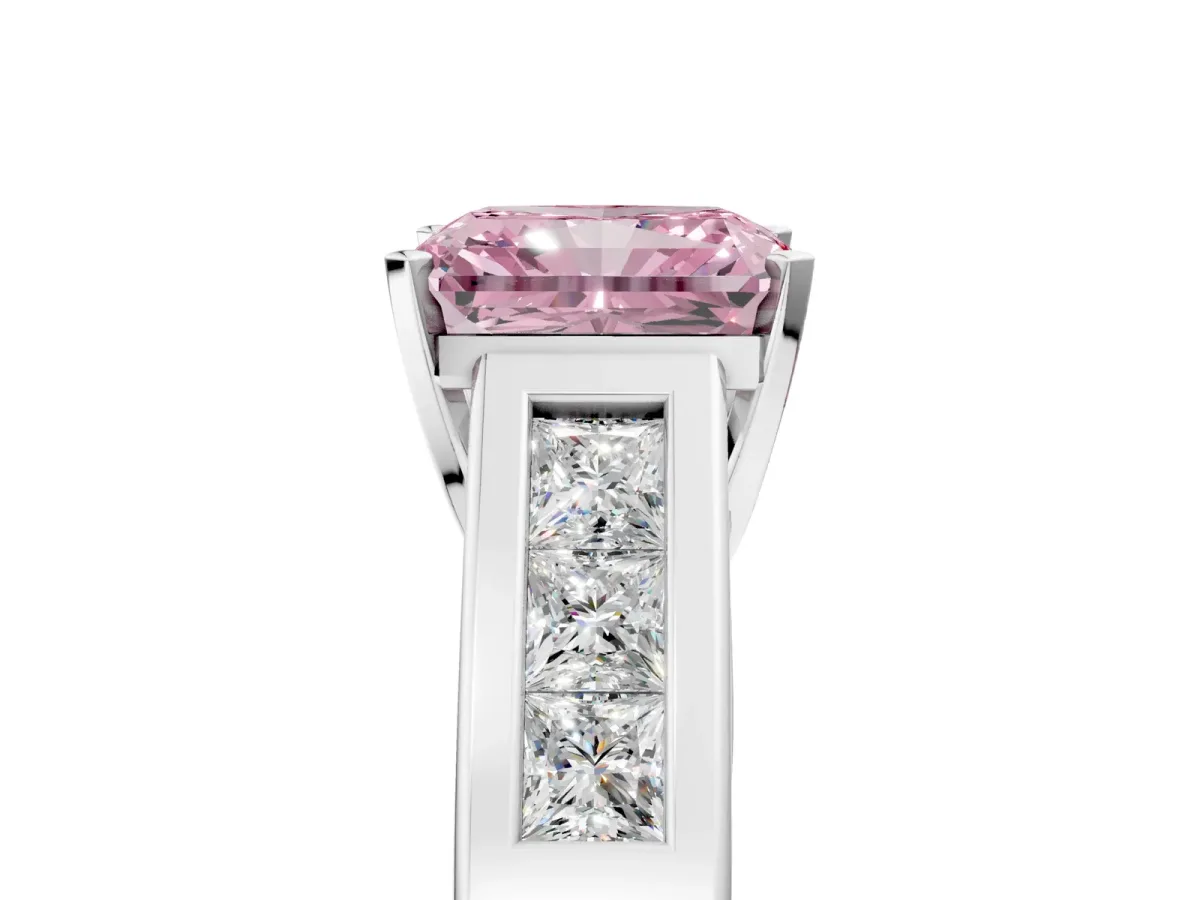 Fancy Pink Radiant Cut Cut Channel Set Solitaire Ring with Four-Prong Setting Platinum