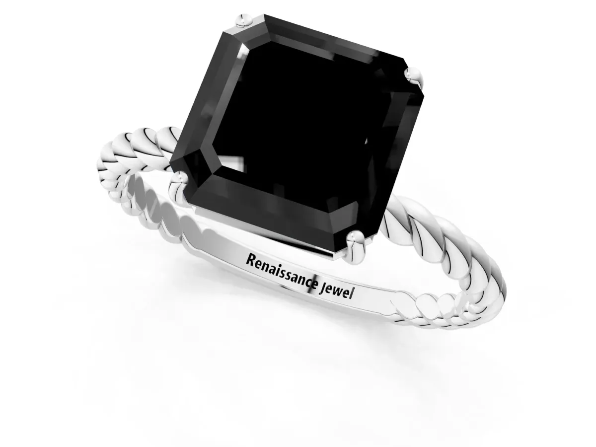 Fancy Black Asscher Cut Solitaire Twisted Band 4-Prong Ring Platinum