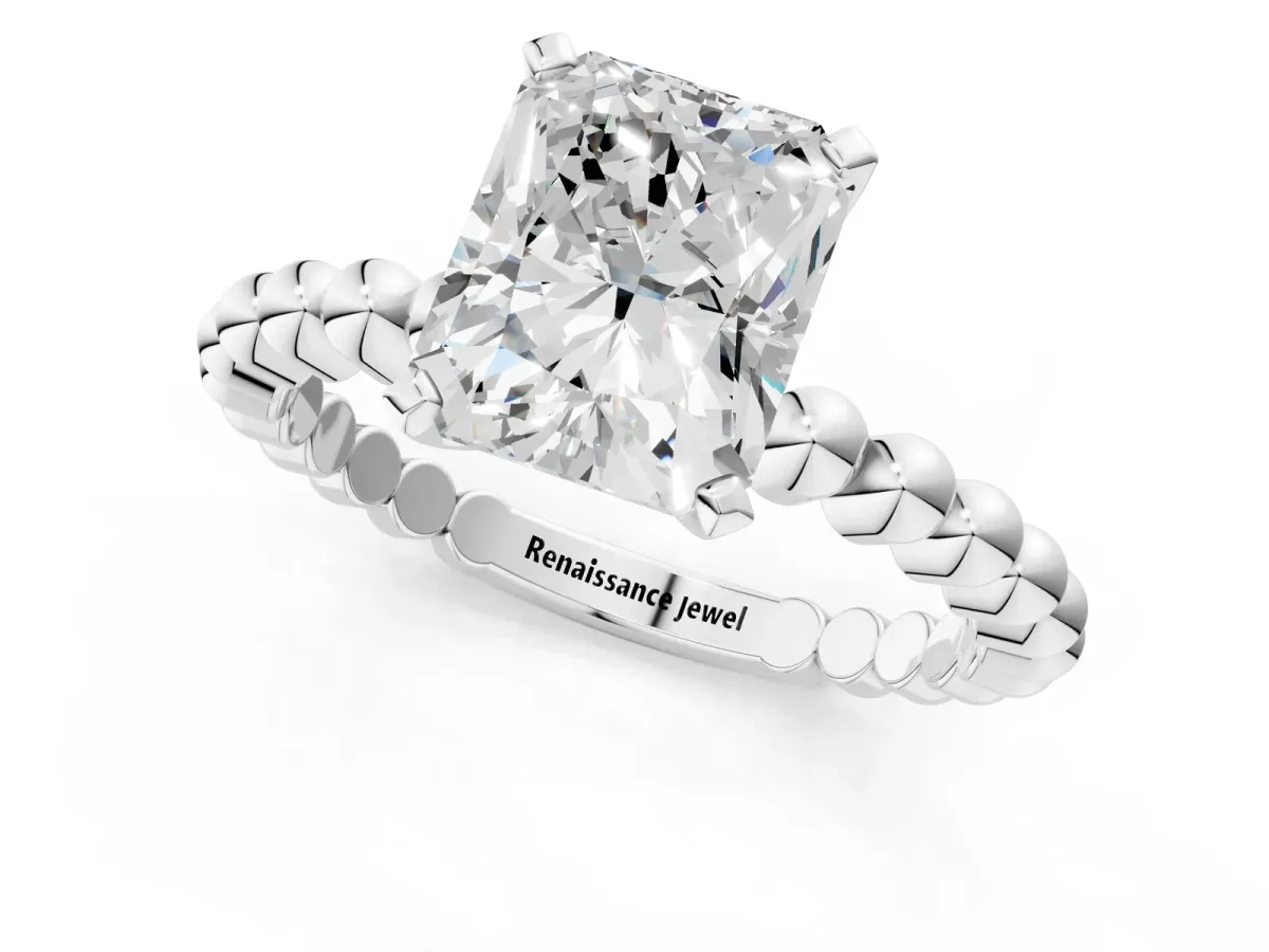 Radiant Cut Diamond Solitaire Ring with Beaded Band and Prong Setting Platinum