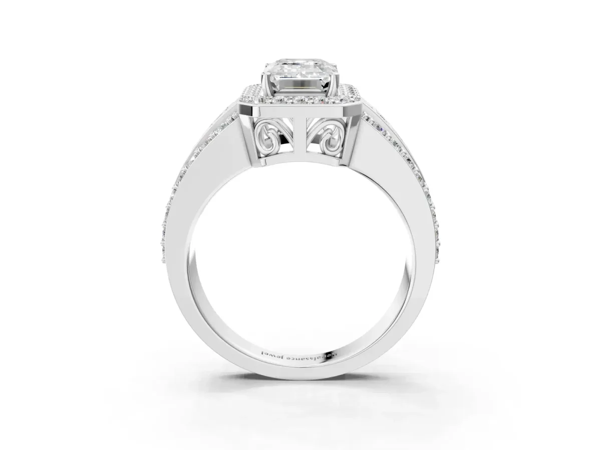 Emerald Cut Halo Diamond Ring with Round Split Shank and Prong Setting Silver