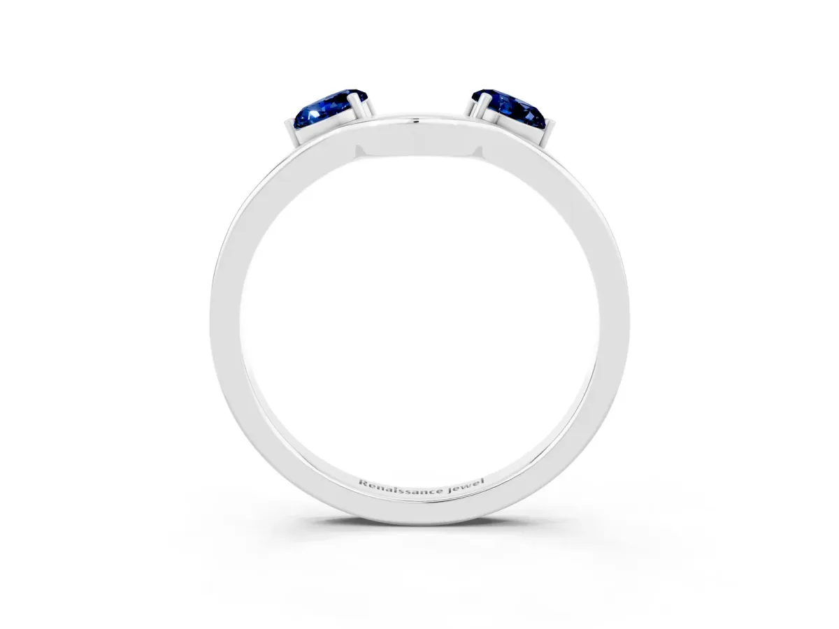 Dual Round Blue Sapphire Open Band Ring with Prong Setting Silver
