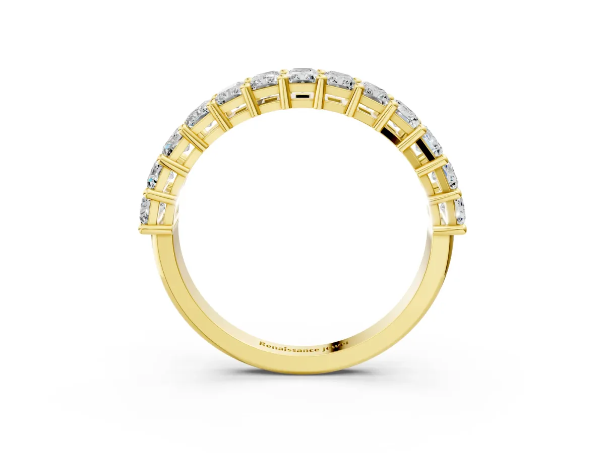 radiant Cut half eternity band with shared prong setting Yellow gold