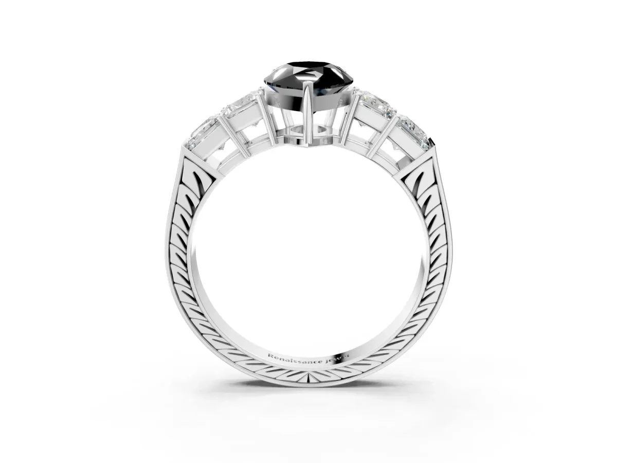 Fancy Black Pear Cut Solitaire Princess Side Stone Engraved Band Prong Setting Ring Silver