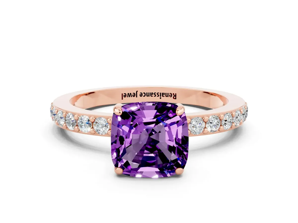 Cushion Cut Amethyst Solitaire Engagement Ring with Pavé Band and Four-Prong Setting Rose gold