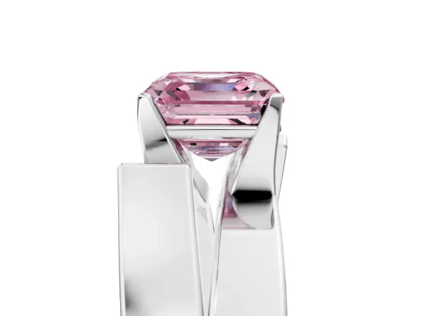 Fancy Pink Modern Tension Set Asscher Cut Diamond Solitaire Wide Band Ring Platinum