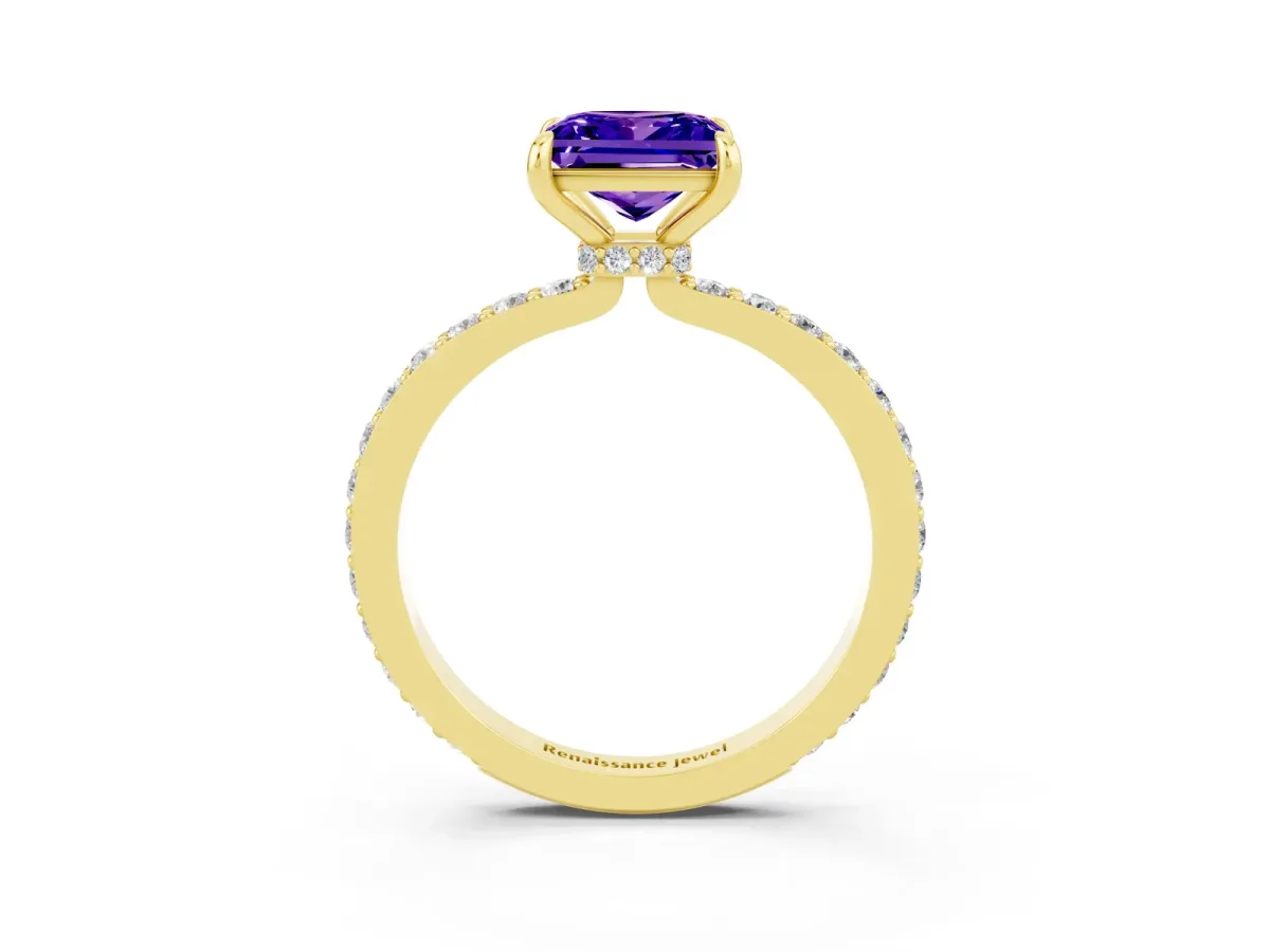 Princess Cut Tanzanite Solitaire Engagement Ring with Pavé Band and Four-Prong Setting Yellow gold