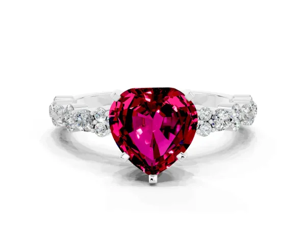 Heart Cut Garnet Side Stone Solitaire Ring with Round and Four-Prong Setting Platinum