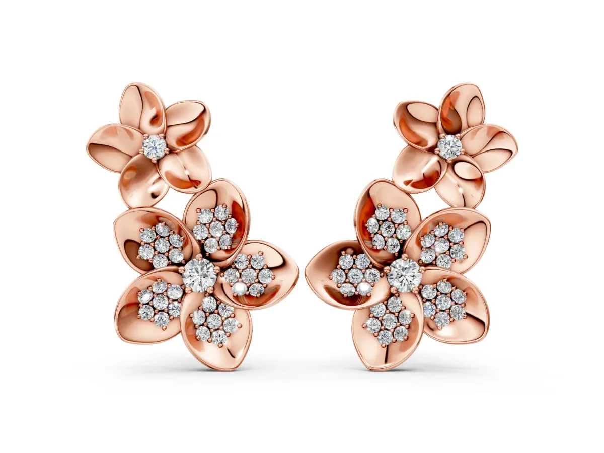 Round Diamond Plumeria Climber Earrings Rose gold