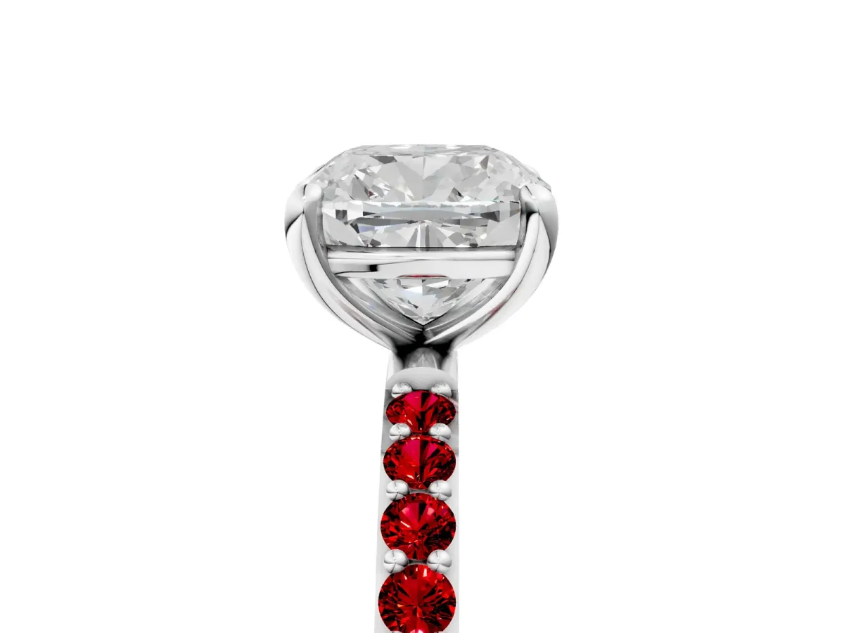Cushion Cut Diamond Solitaire Ring with Round Ruby Pavé Band and Prong Setting Platinum