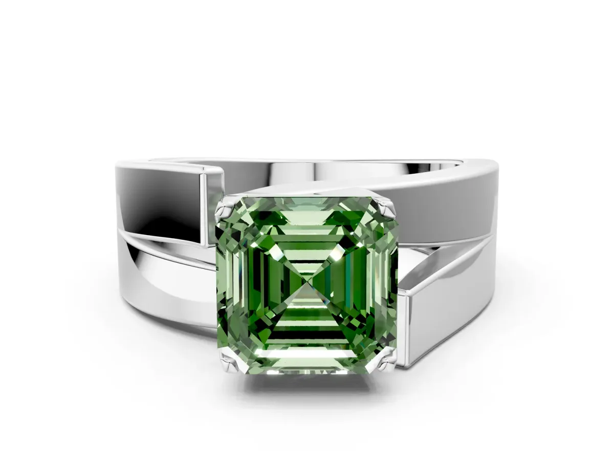 Fancy Green Modern Tension Set Asscher Cut Diamond Solitaire Wide Band Ring Platinum