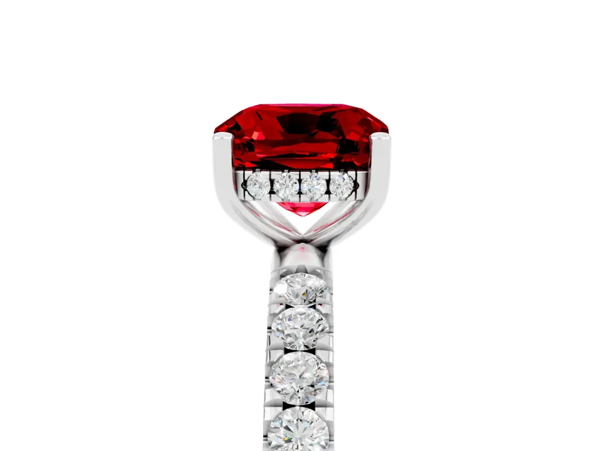 Cushion Cut Ruby Pave Band Solitaire Ring with Round and Prong Setting Platinum