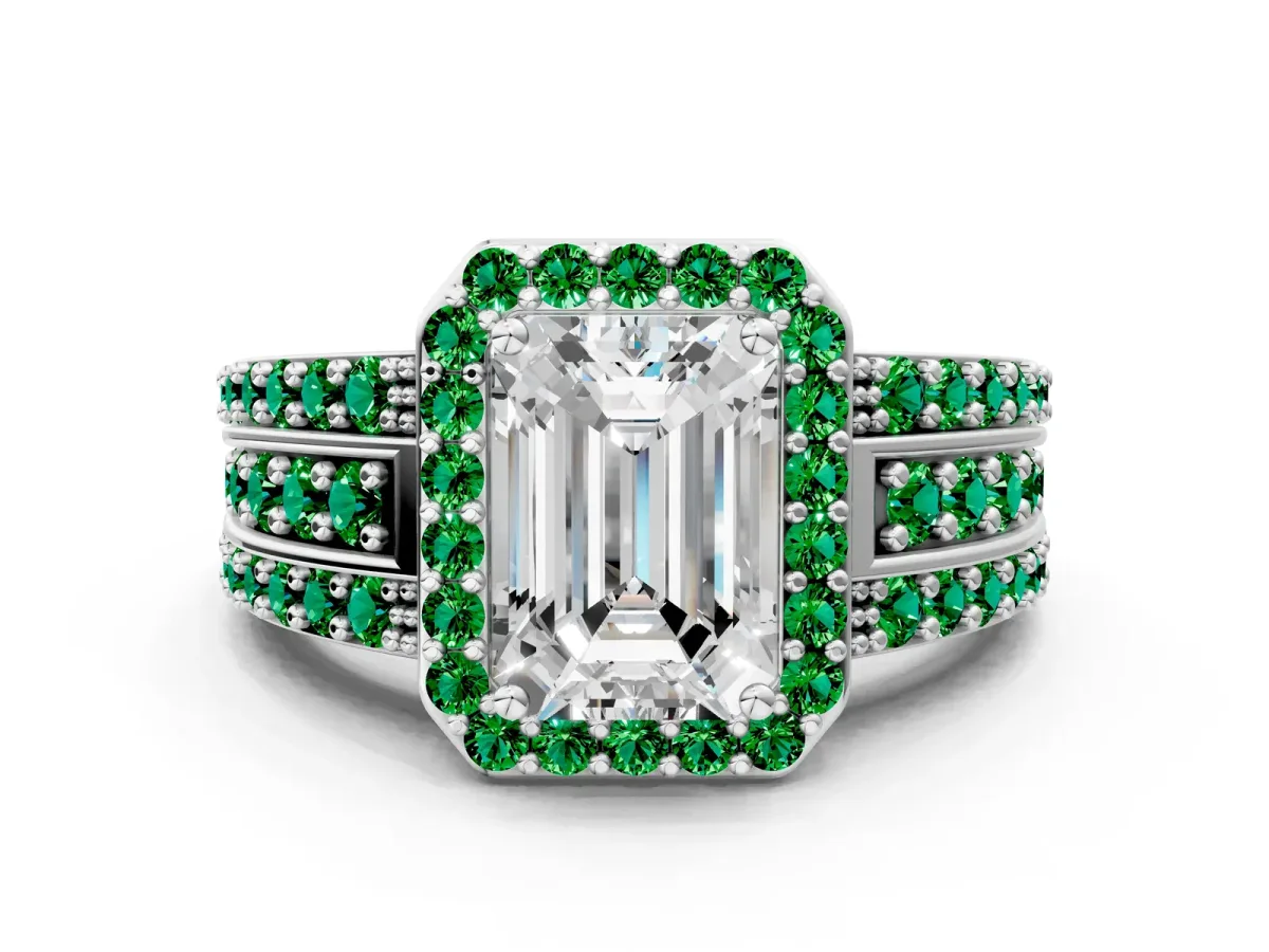 Emerald Cut Halo Diamond Ring with Round Emerald Split Shank and Prong Setting Platinum